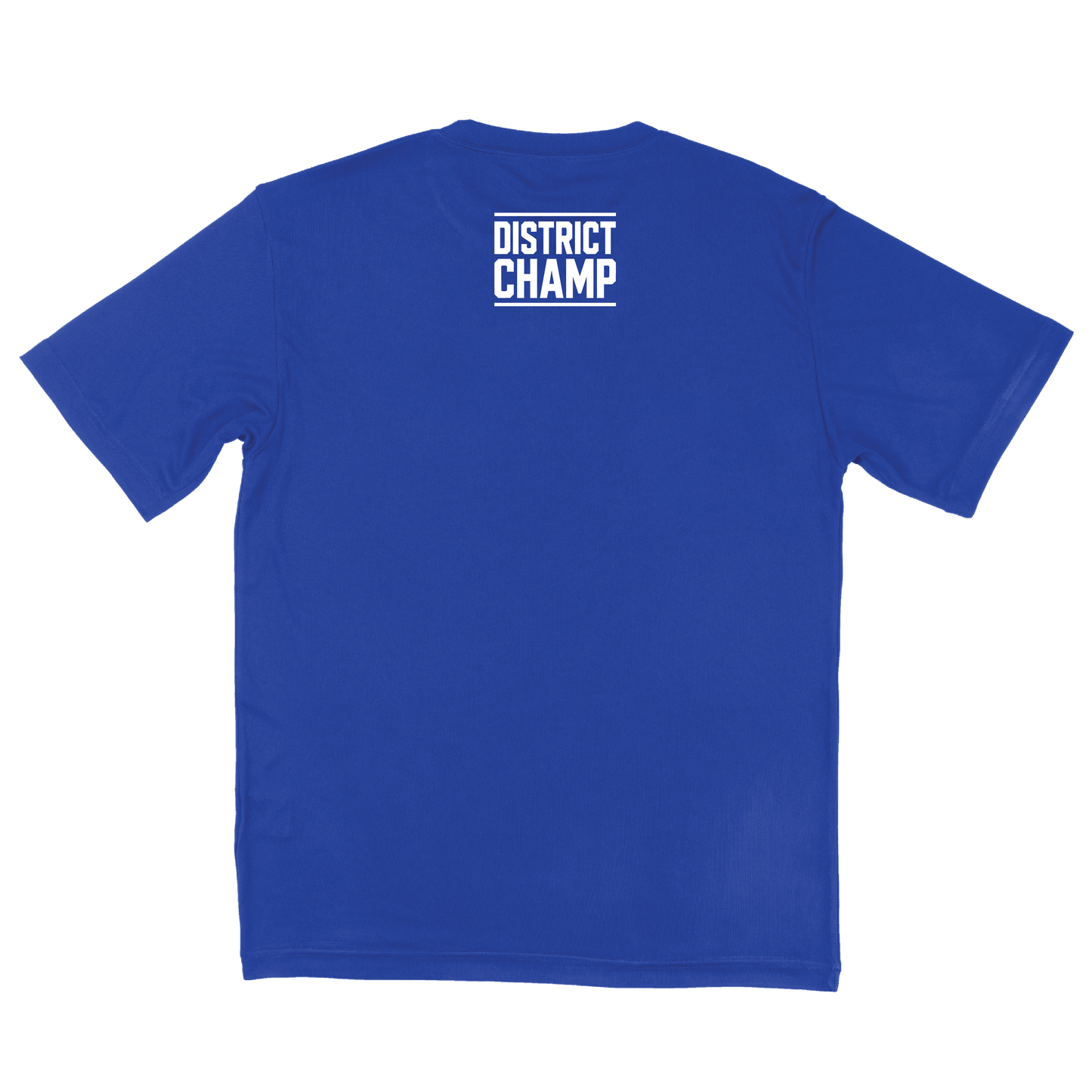 back of blue shirt with white type in stylized font