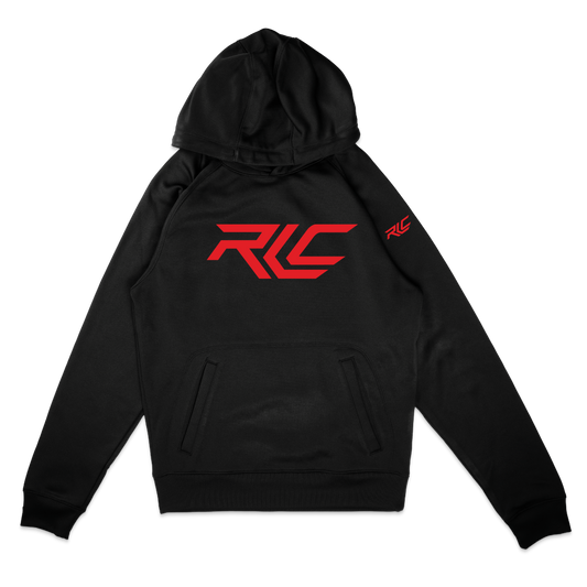 A black pullover hoodie with a red stylized 'RLC' logo printed on the chest and a smaller matching logo on the left sleeve, shown against a plain white background.