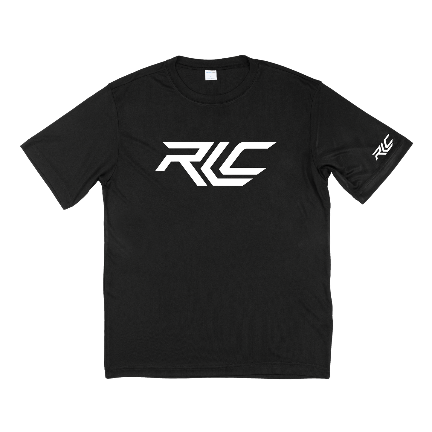 A black short-sleeve crewneck t-shirt with a stylized white 'RKC' logo printed across the chest and a smaller matching logo on the right sleeve in white font, displayed flat against a solid white background.