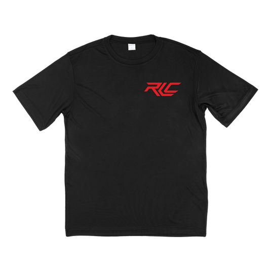 Black shirt with small RLC logo in red font in stylized font on top right.