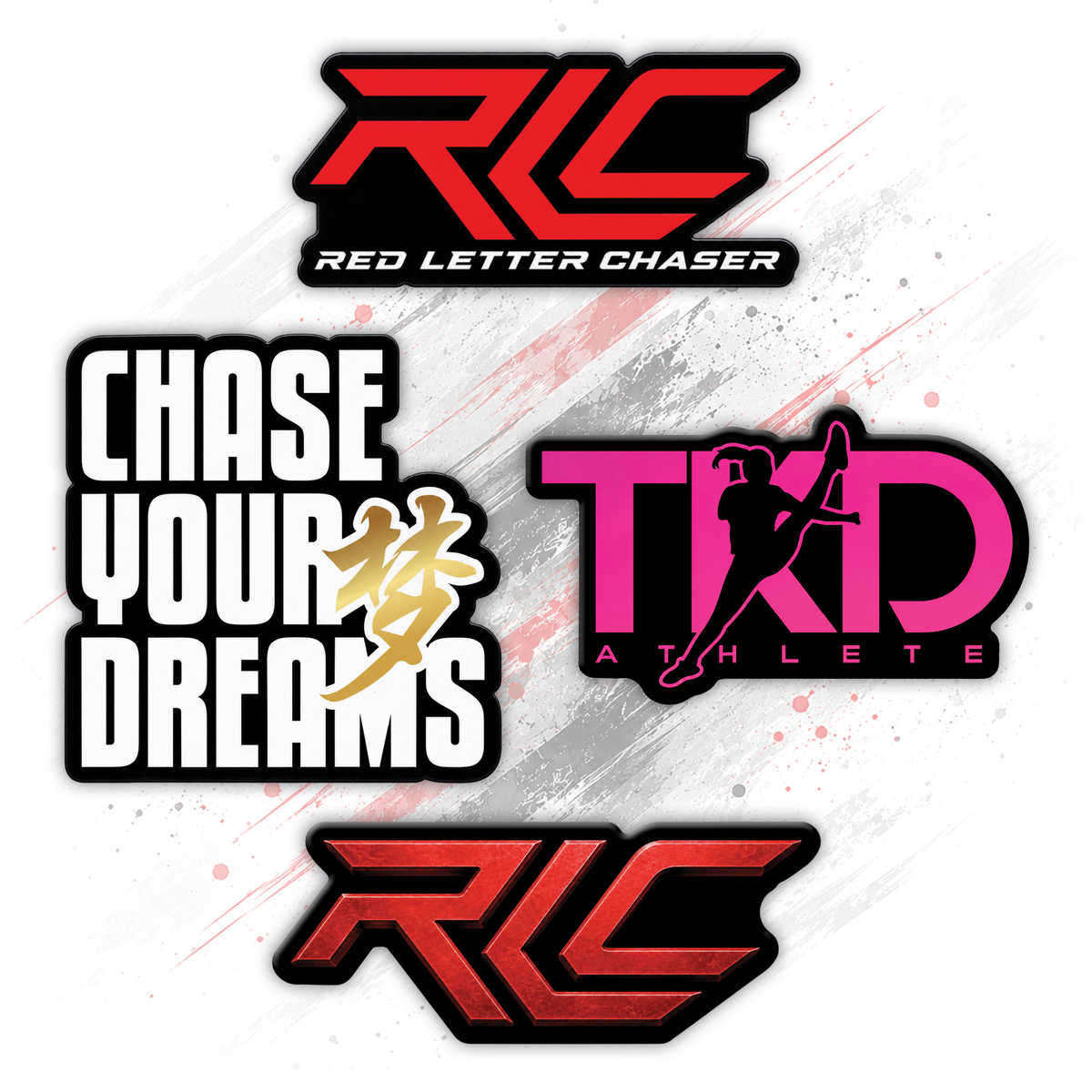 Four athletic-themed logo graphics stickers arranged on a white background with red brushstroke accents: a red 'RLC' with 'RED LETTER CHASER' text, a white 'CHASE YOUR DREAMS' graphic with a gold dream wording in Chinese characters, a pink 'TKD ATHLETE' logo with a female kicking figure, and a red 'RLC' logo at the bottom.