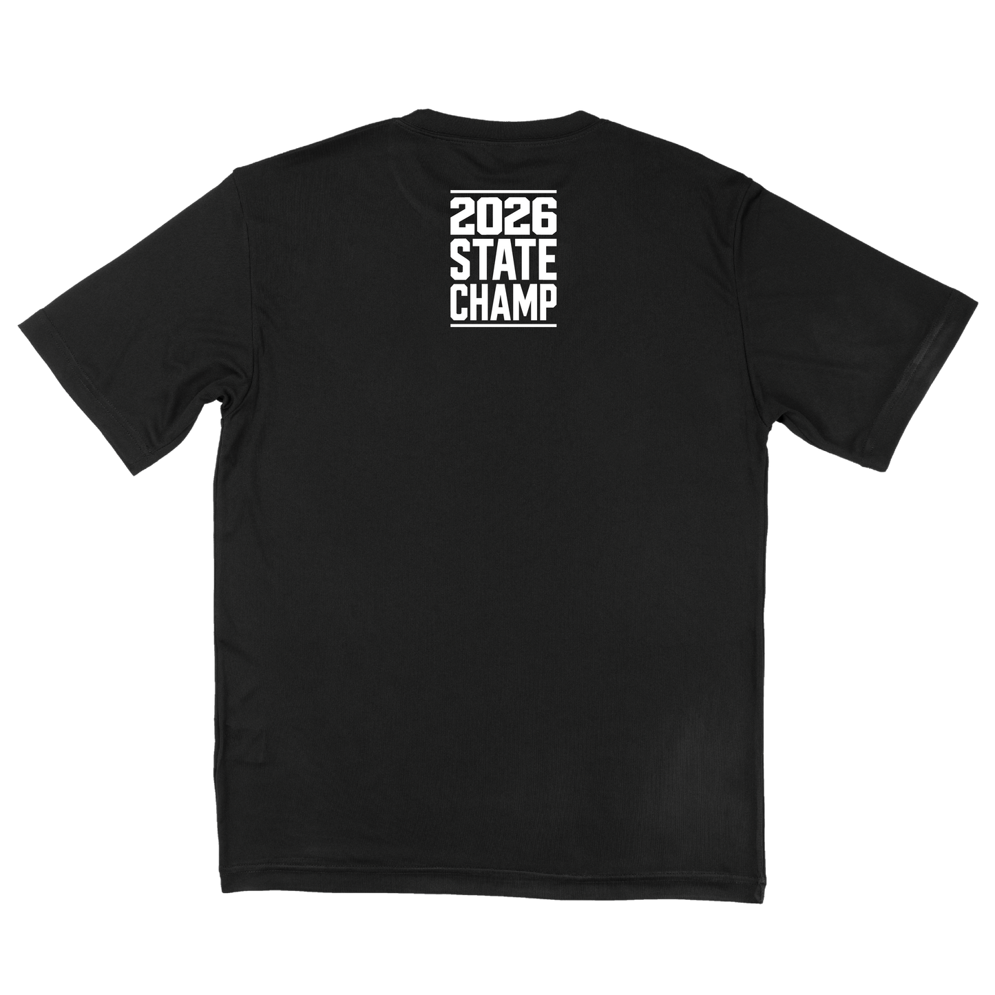 Black t-shirt with '2026 State Champ' text on a white fonts.