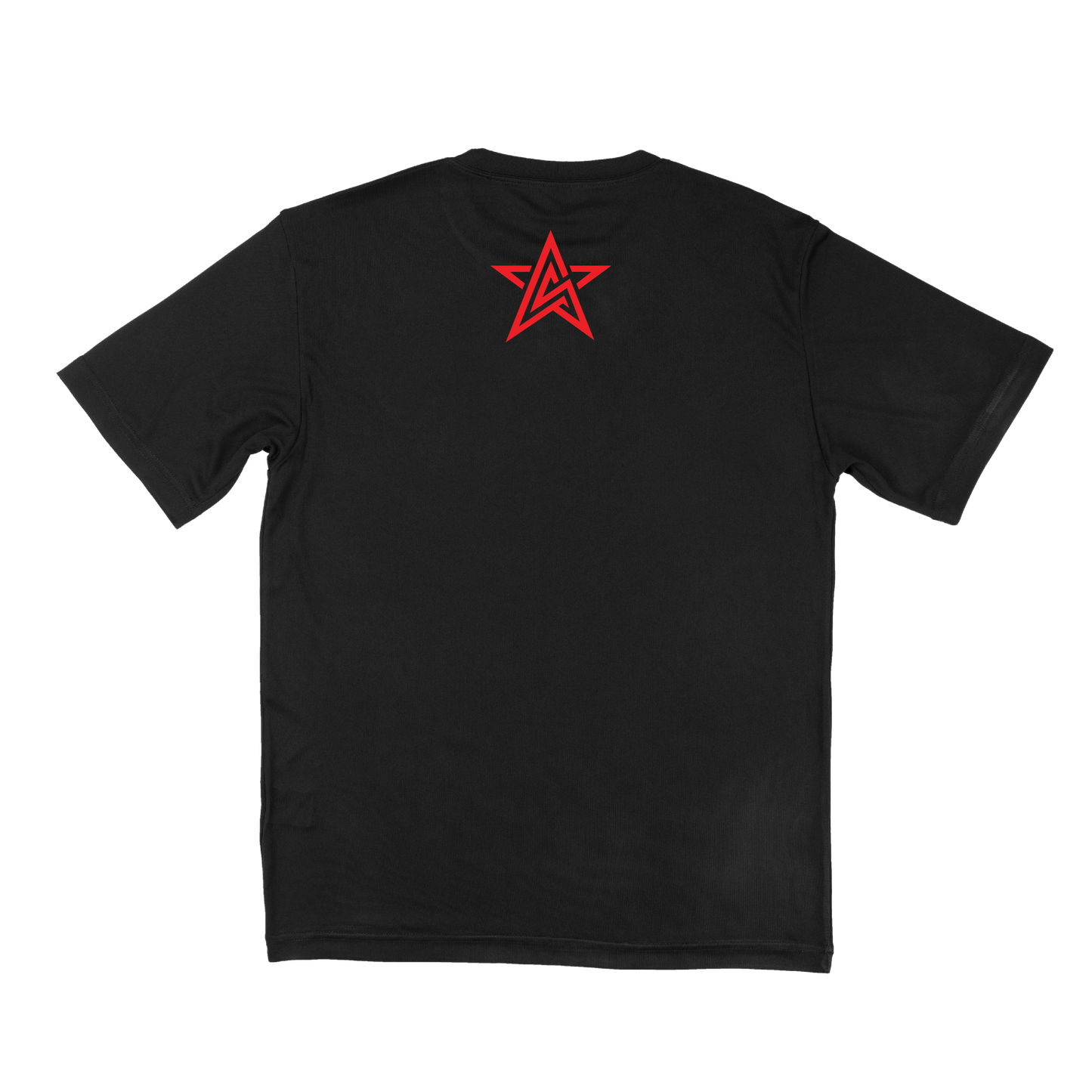 A black short-sleeve t-shirt shown from the back, featuring a red star logo on the top the center.