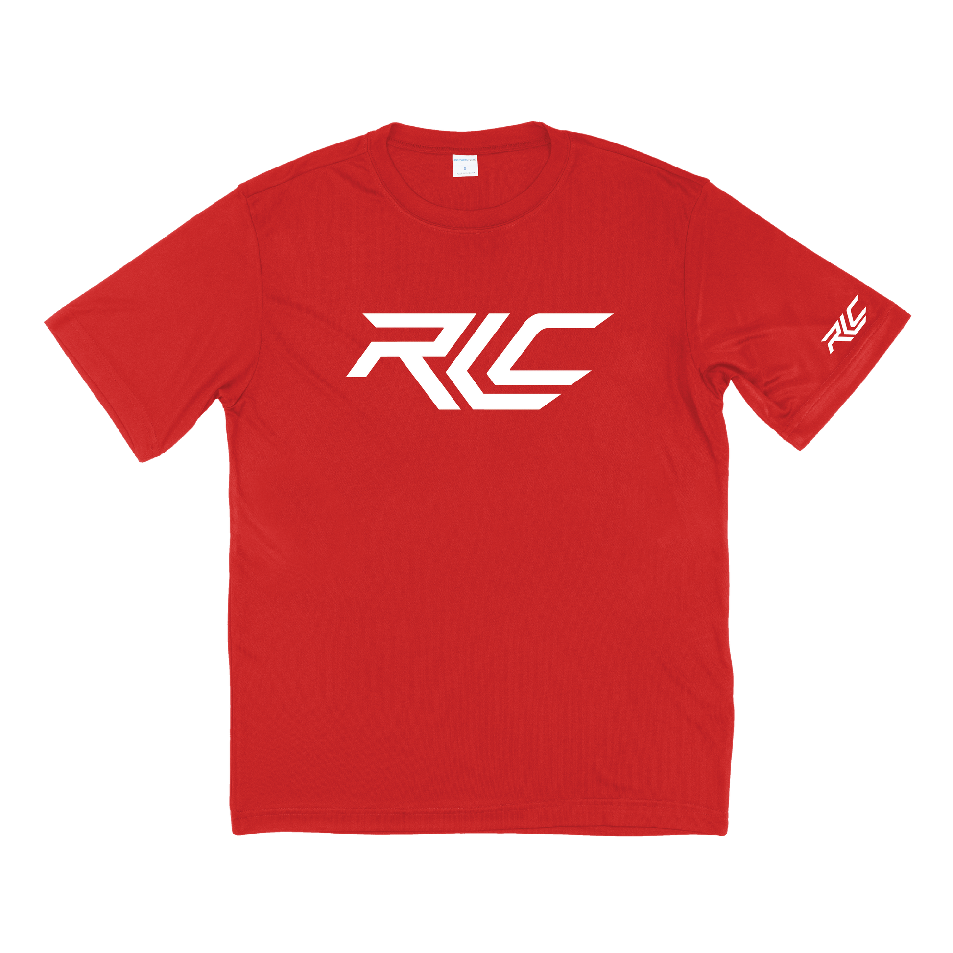 A red short-sleeve crewneck t-shirt with a white stylized 'RKC' logo printed across the chest and a smaller matching logo on the right sleeve in white font, shown against a plain white background.