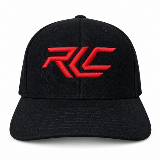 A black structured baseball cap with a curved brim, featuring a prominent red embroidered 'RLC' logo on the front, set against a plain white background.