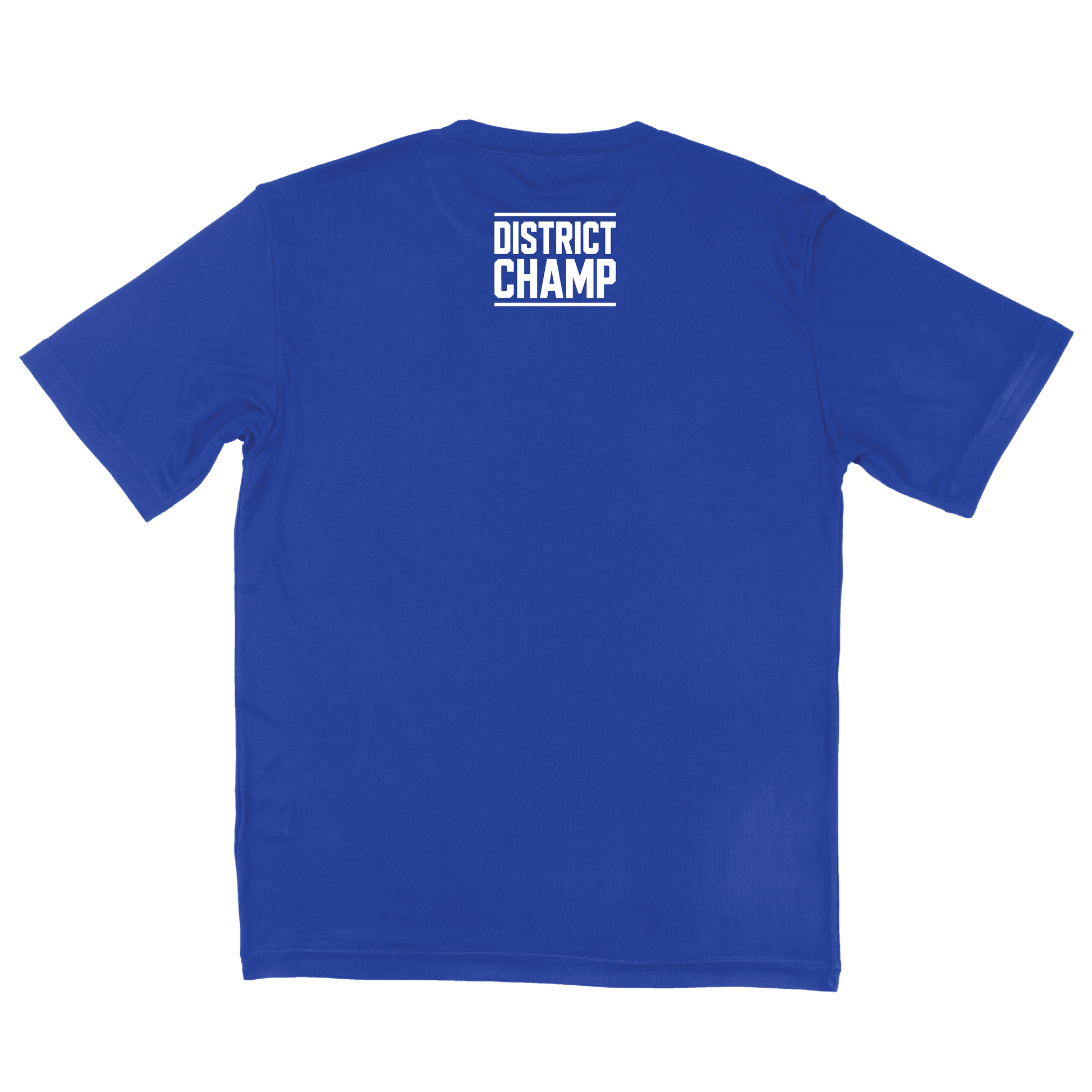 back of blue shirt with white type in stylized font