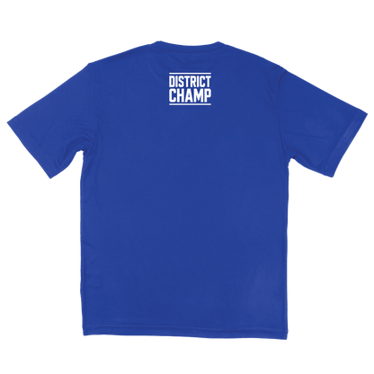 back of blue shirt with white type in stylized font