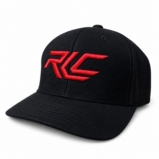 A black baseball cap with a red embroidered stylized 'RLC' logo on the front, shown on a clean white background.