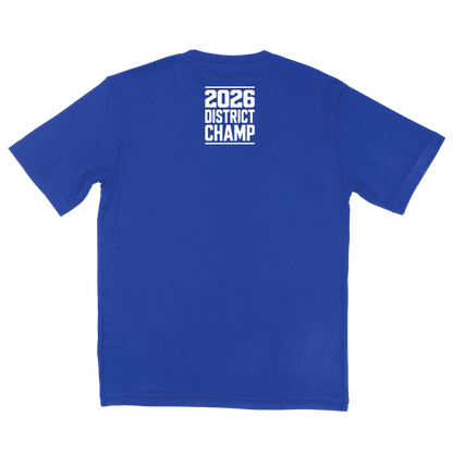 Blue t-shirt with '2026 District Champ' text on the back against a white font.