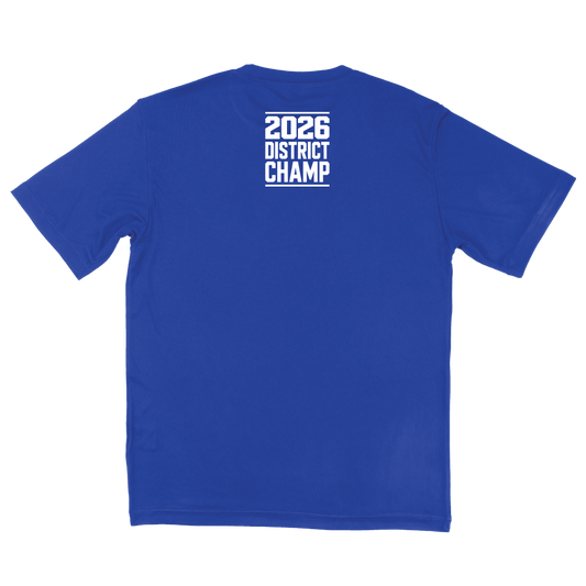 Blue t-shirt with '2026 District Champ' text on the back against a white font.