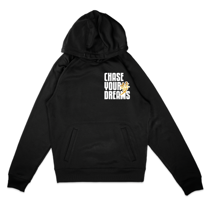A black pullover hoodie with a front kangaroo pocket and a graphic print on the chest that reads 'CHASE YOUR DREAMS' in white text next to the small word Dream in Chinese characters in gold text, shown on a plain white background.