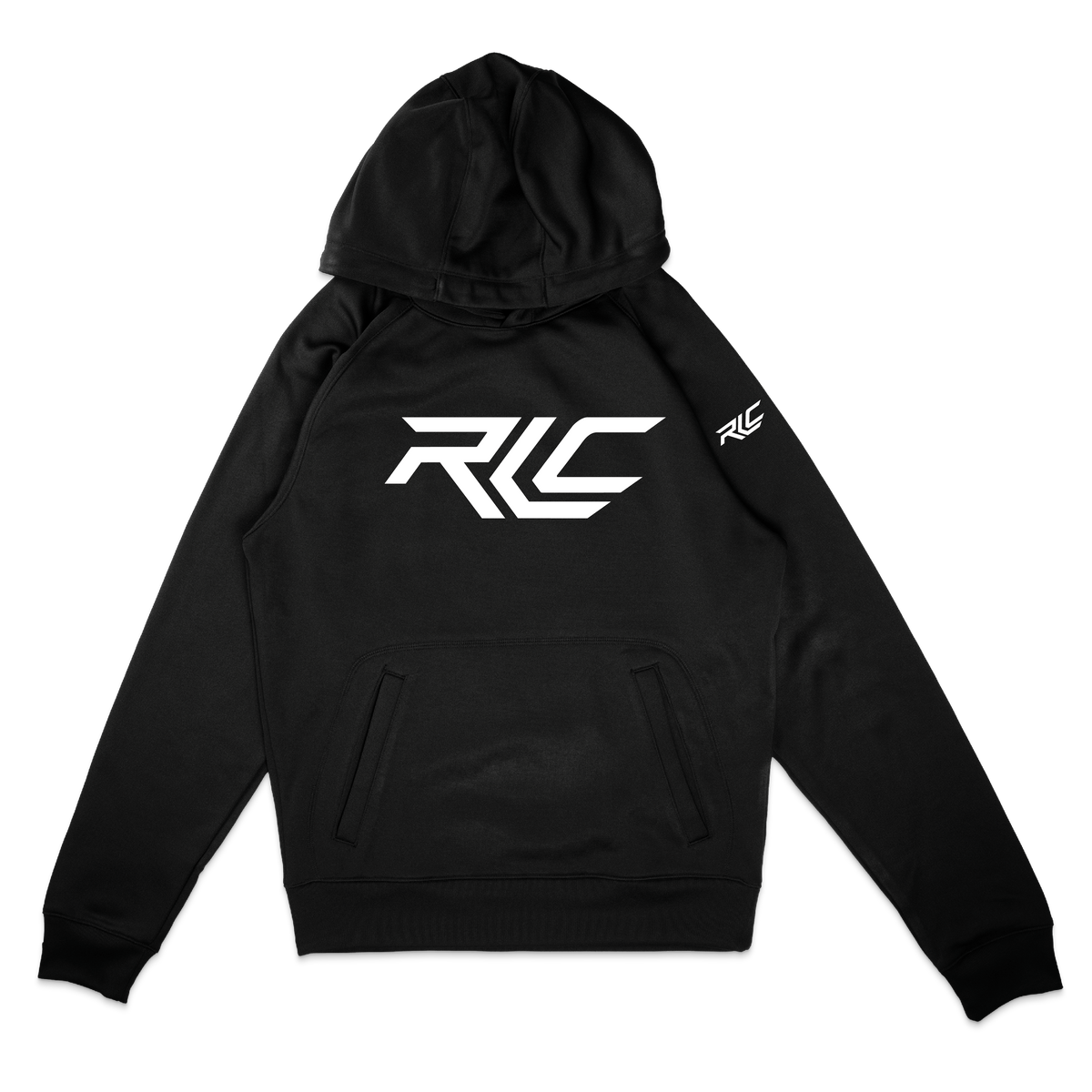 A black pullover hoodie with a large white stylized 'RLC' logo printed on the chest and a smaller matching logo on the right sleeve, shown against a plain white background.