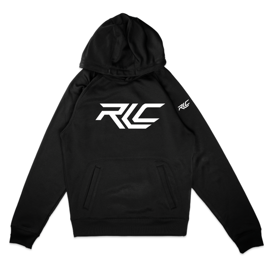 A black pullover hoodie with a large white stylized 'RLC' logo printed on the chest and a smaller matching logo on the right sleeve, shown against a plain white background.