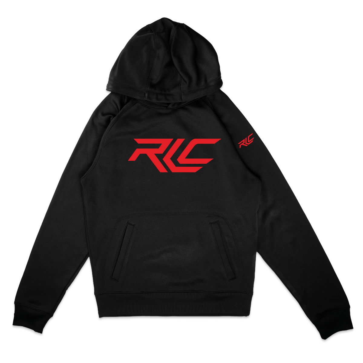 A black pullover hoodie with a red stylized 'RLC' logo printed on the chest and a smaller matching logo on the left sleeve, shown against a plain white background.
