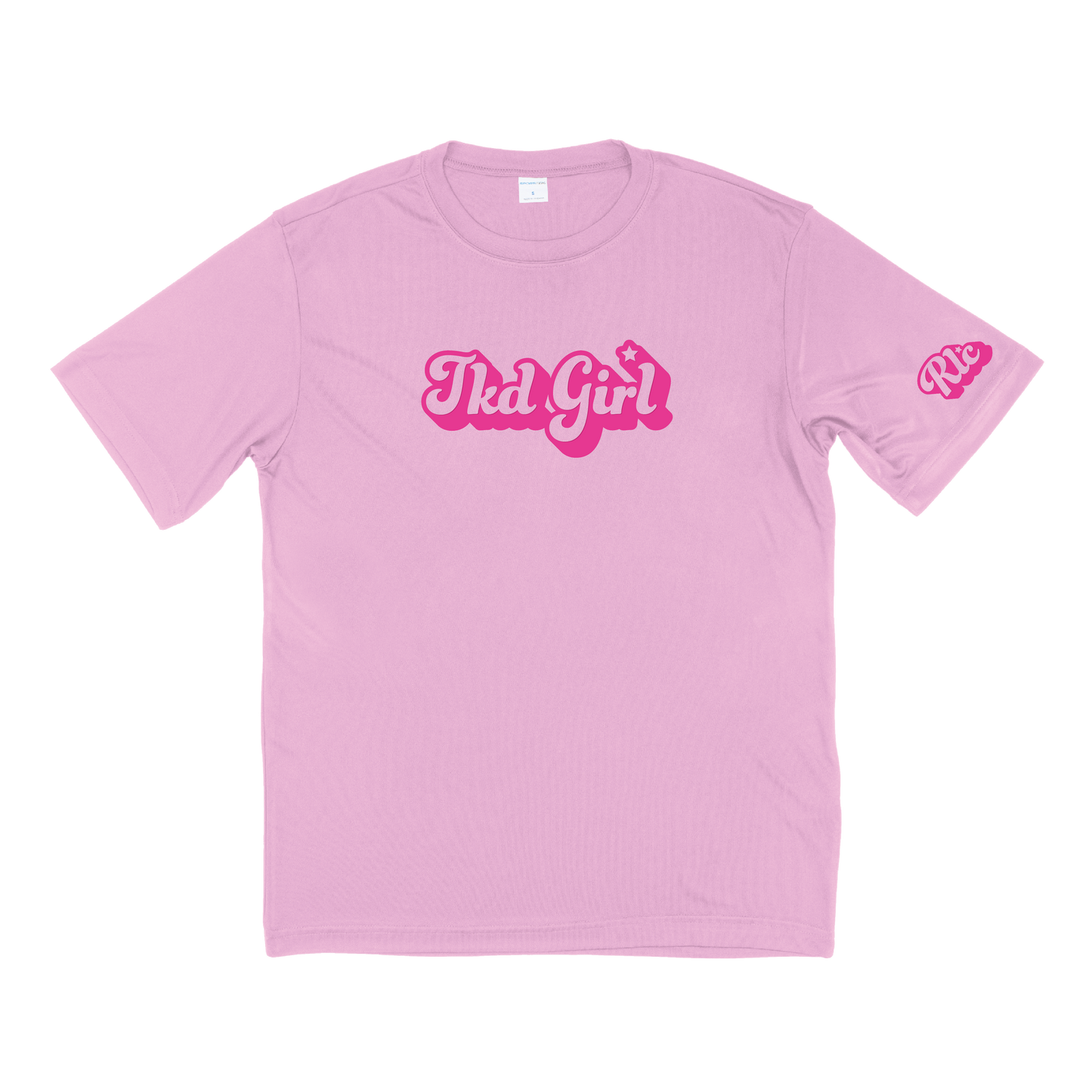 Light pink shirt with TKD Girl in bubble letters in pink on front of shirt with RLC logo in bubble letters on left sleeve.