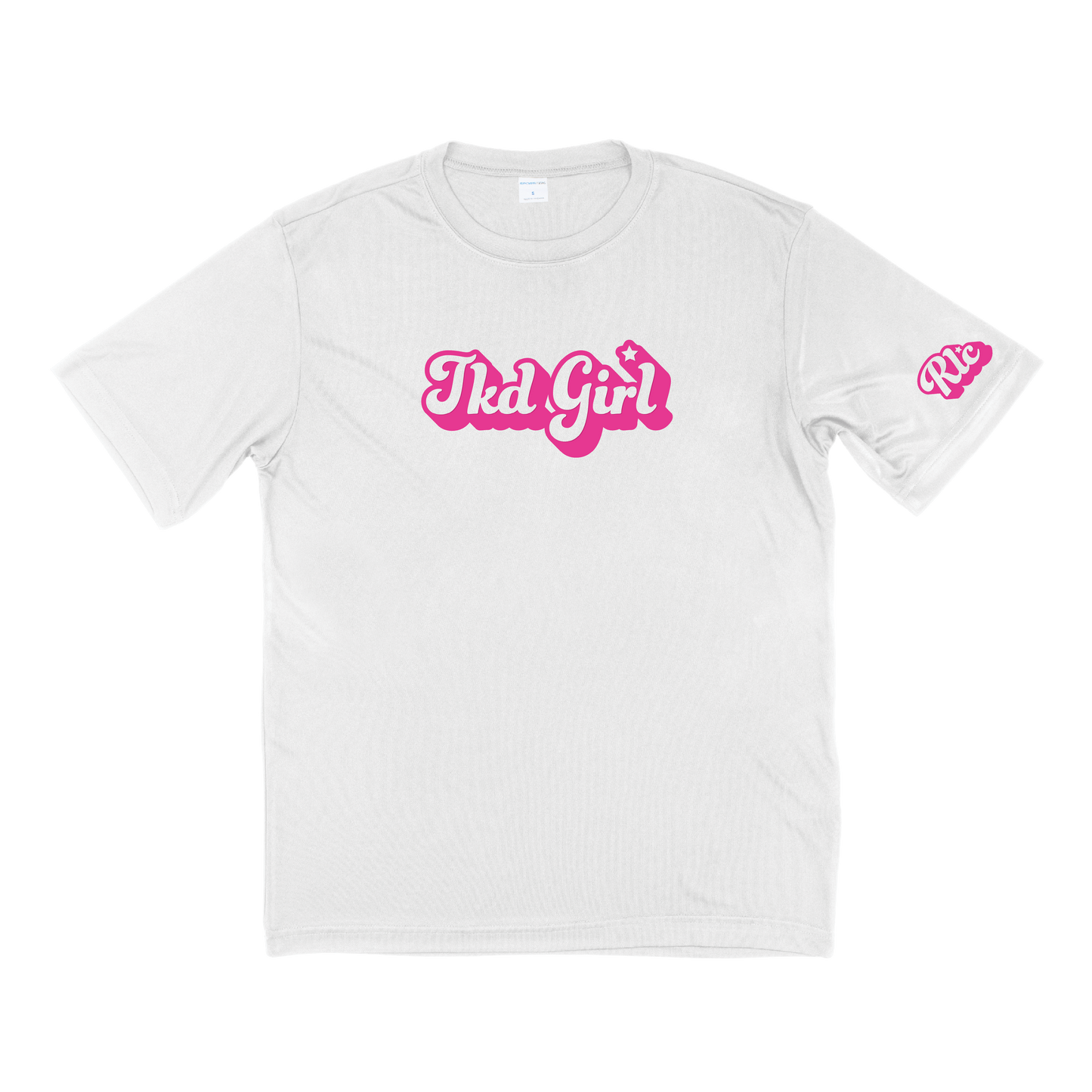 White shirt with TKD Girl in bubble letters in pink on front of shirt and RLC logo in bubble letters in pink on left sleeve.
