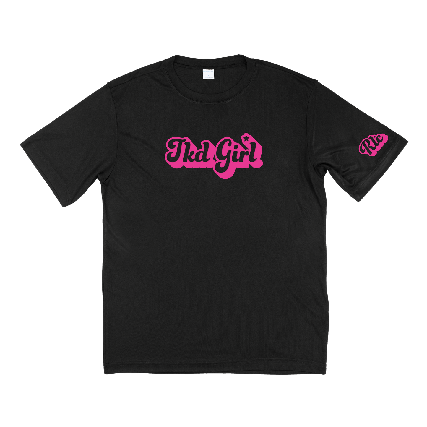 Black shirt with TKD Girl in bubble letters in pink font with RLC logo in bubble letters in pink on left sleeve.