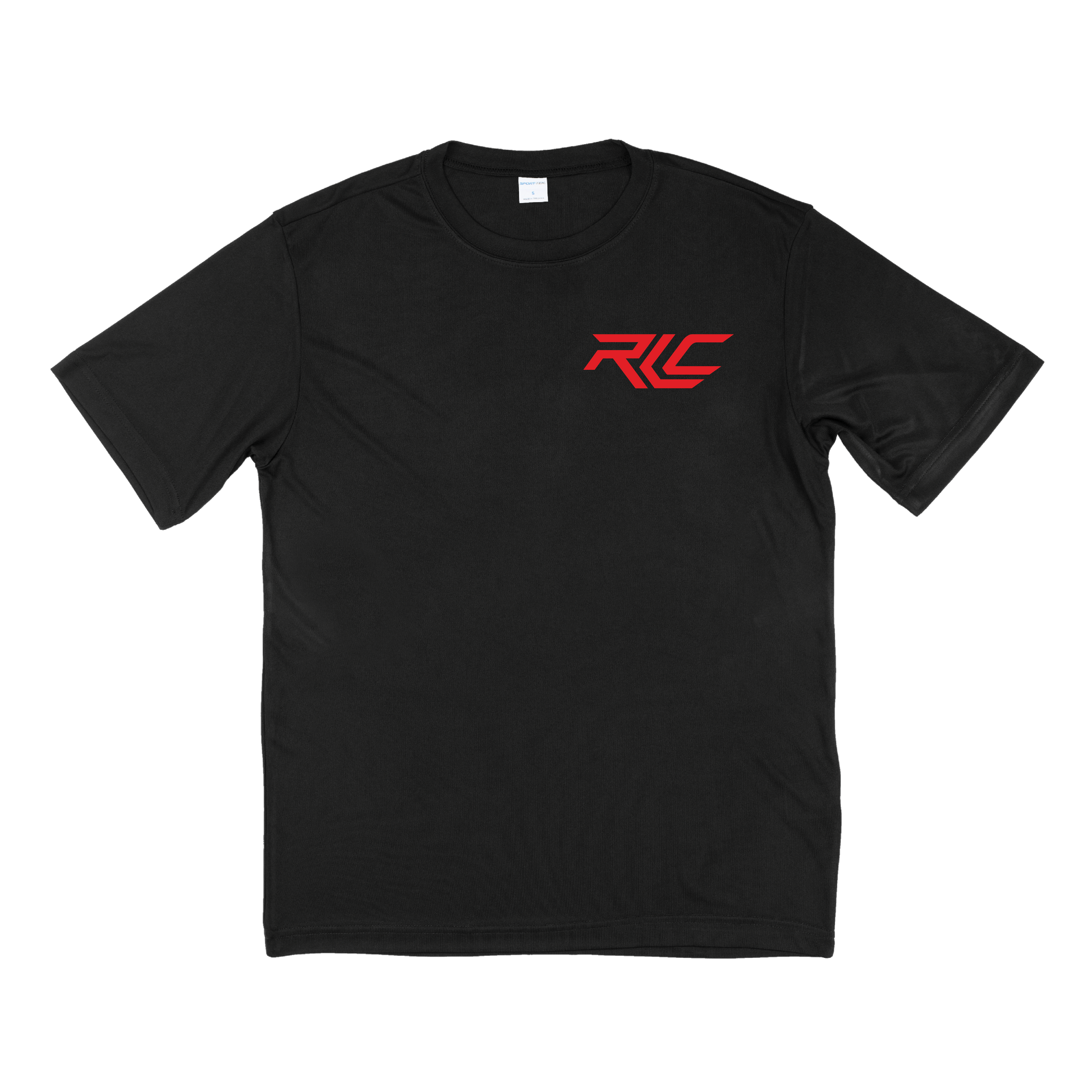 Black shirt with small RLC logo in red font in stylized font on top right.