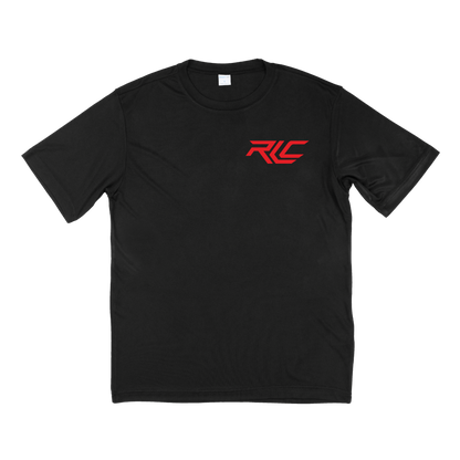 Black shirt with small RLC logo in red font in stylized font on top right.