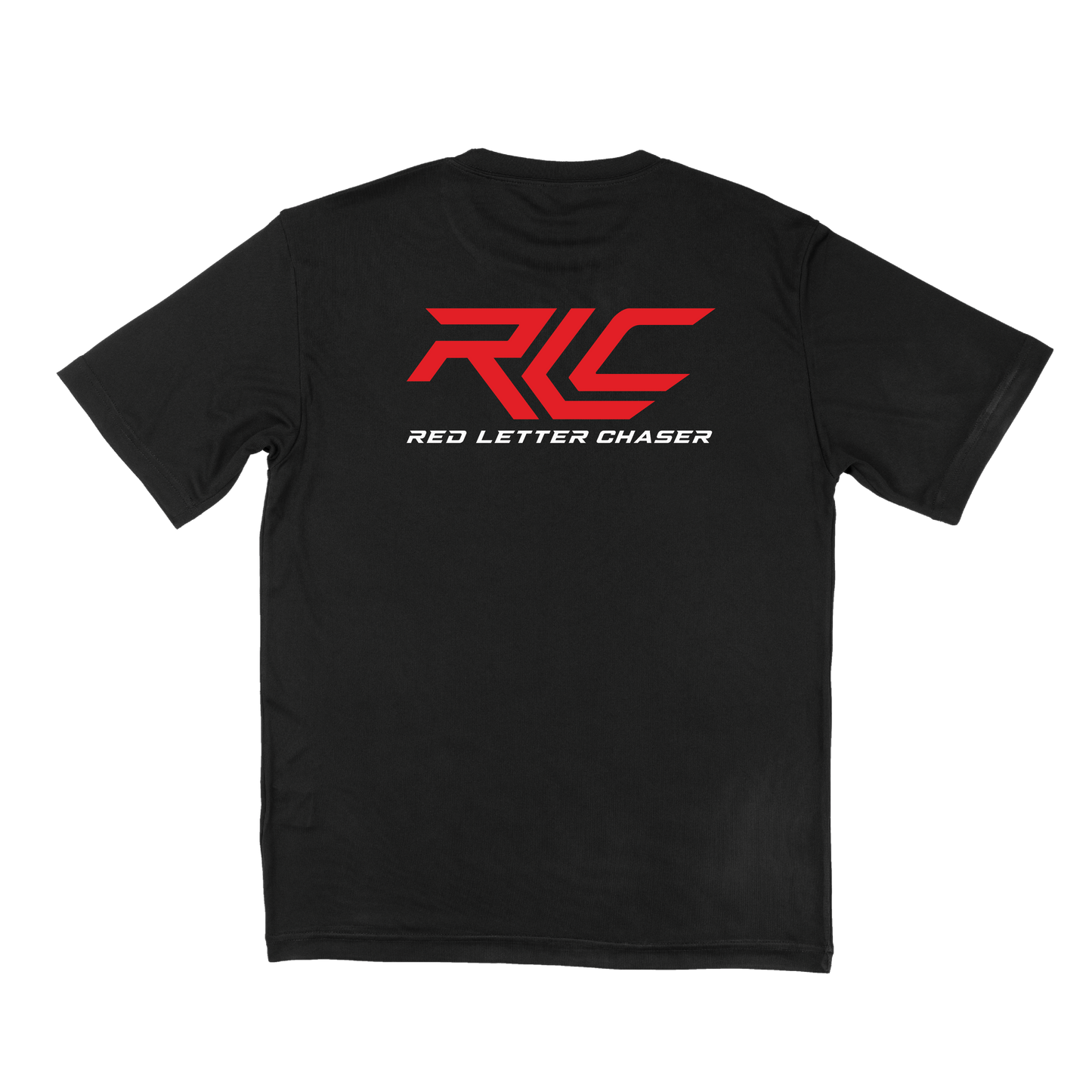 Black shirt with RLC logo in red with red letter chaser wording in white stylized font. 