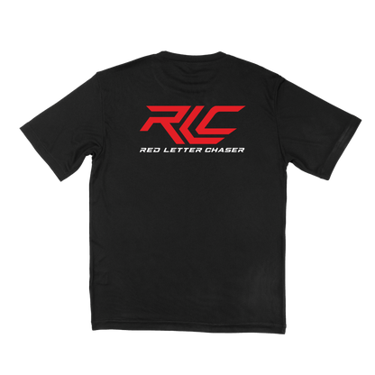 Black shirt with RLC logo in red with red letter chaser wording in white stylized font. 