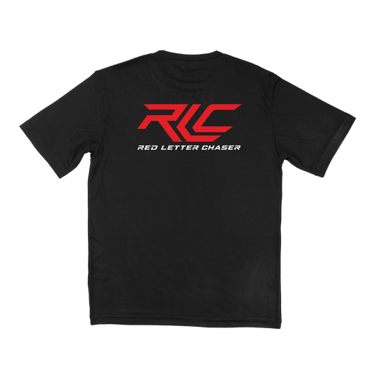 Black shirt with RLC logo in red with red letter chaser wording in white stylized font. 