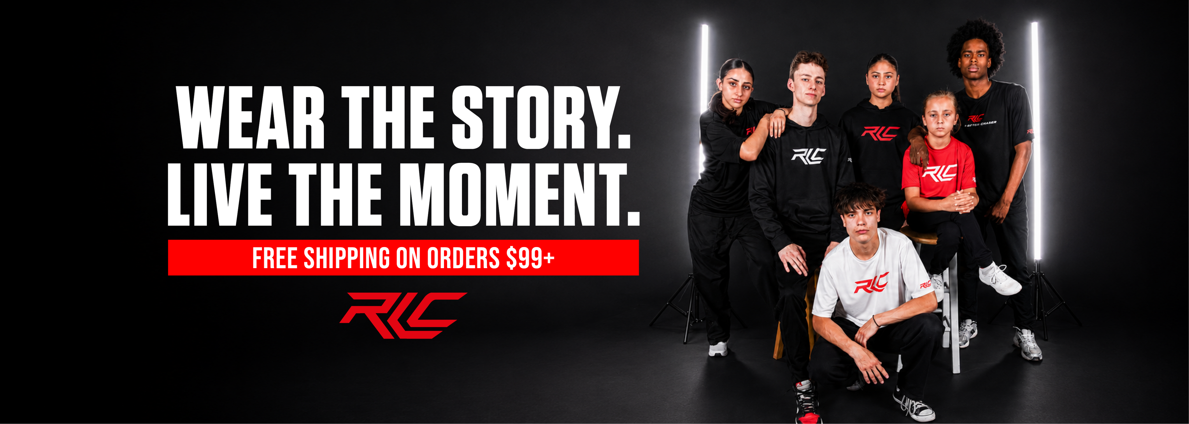 A promotional banner for RLC apparel featuring six models wearing black and white RLC branded apparel against a black studio background with vertical light bars. Large white text reads 'WEAR THE STORY.