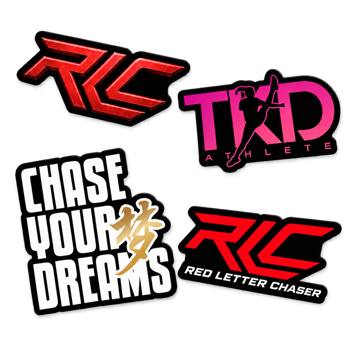 Four athletic decals or stickers arranged on a plain white background: a red and black stylized 'RLC' logo at top left, a pink and black 'TKD Athlete' logo at top right, white block text reading 'CHASE YOUR DREAMS' with a gold Dream wording in Chinese character at bottom left, and a red and black 'RLC RED LETTER CHASER' logo at bottom right.