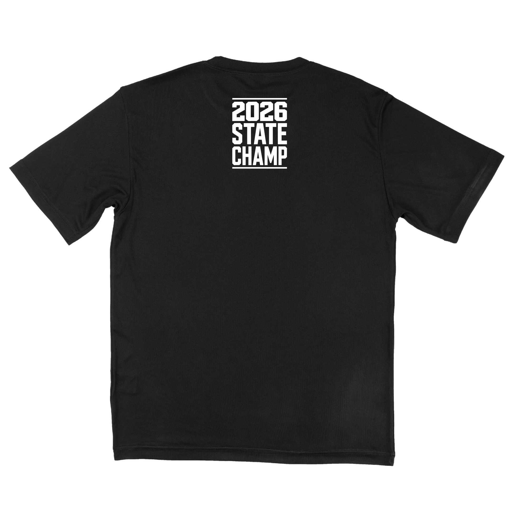 Black t-shirt with '2026 State Champ' text on a white fonts.