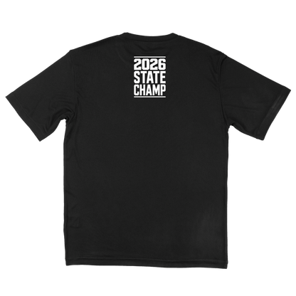 Black t-shirt with '2026 State Champ' text on a white fonts.