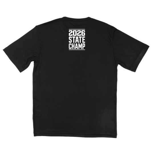 Black t-shirt with '2026 State Champ' text on a white fonts.