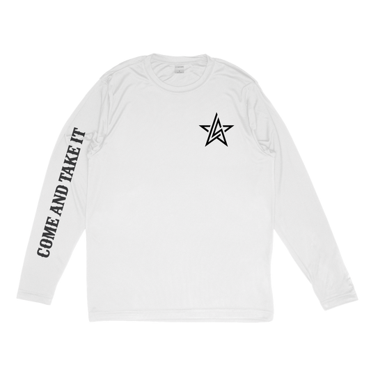 A white long-sleeve performance shirt with a black geometric star logo on the left chest and 'COME AND TAKE IT' printed vertically in black on the right sleeve.