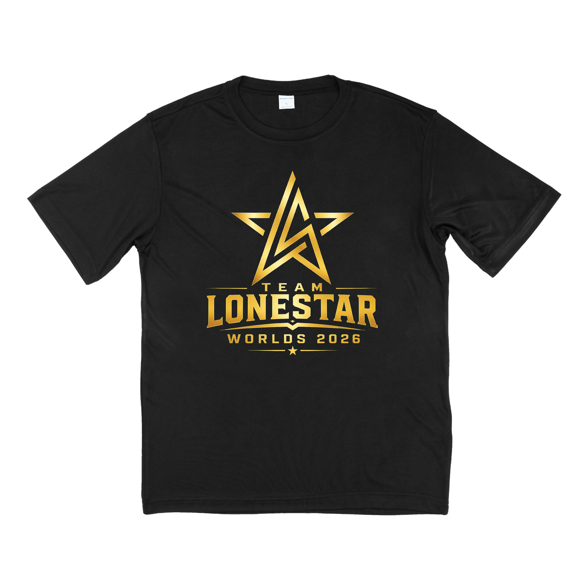 Black t-shirt with team loan star logo in gold on front of side of t-shirt.