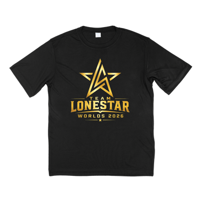 Black t-shirt with team loan star logo in gold on front of side of t-shirt.