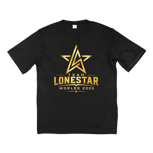 Black t-shirt with team loan star logo in gold on front of side of t-shirt.