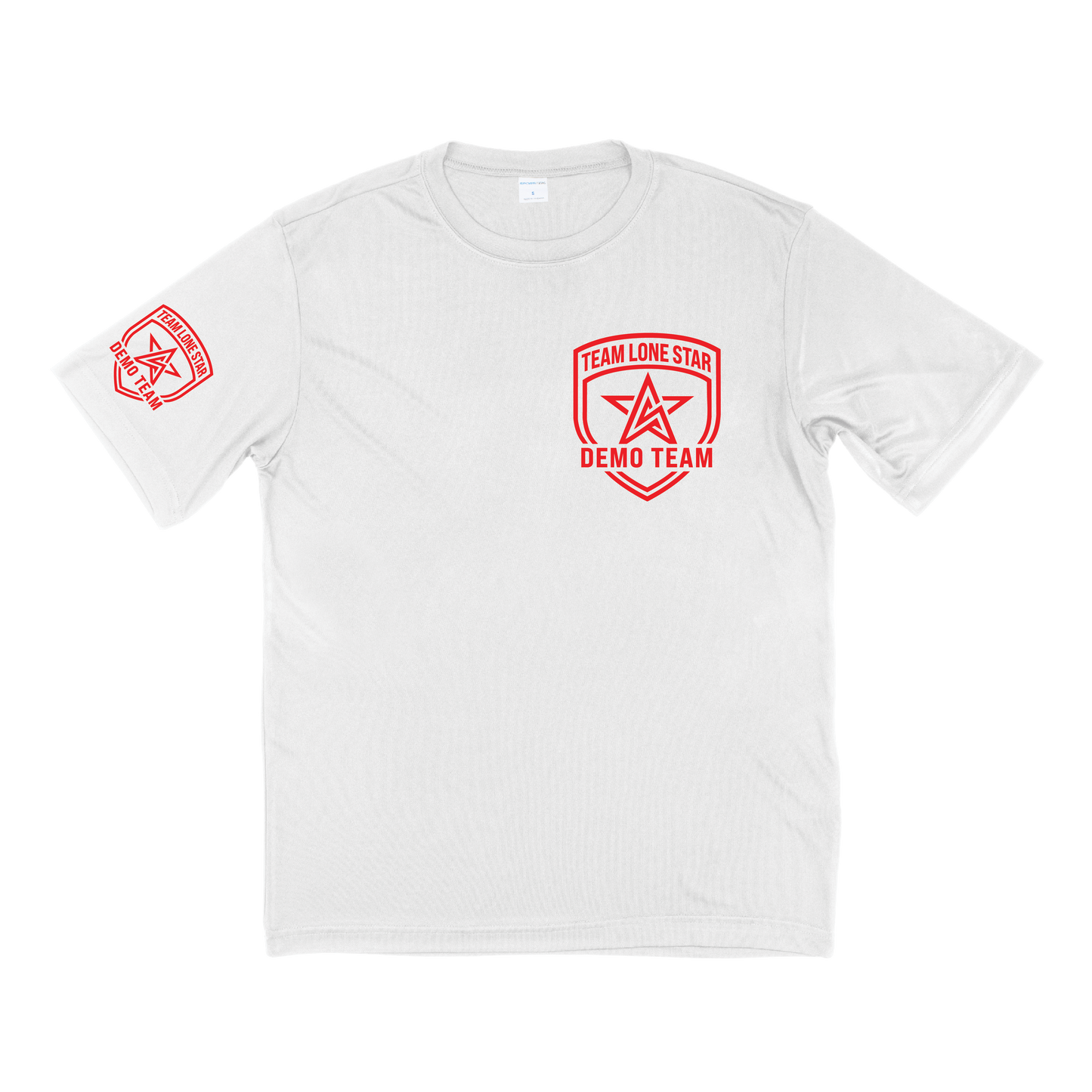 A white short-sleeve crewneck t-shirt with red printed graphics. The left chest features a red shield logo with a star and the text 'TEAM LONE STAR DEMO TEAM', and a smaller matching red logo is printed on the right sleeve.