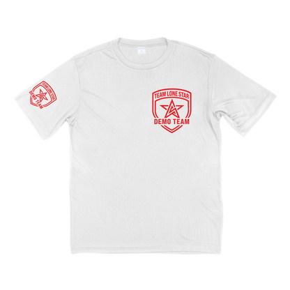 A white short-sleeve crewneck t-shirt with red printed graphics. The left chest features a red shield logo with a star and the text 'TEAM LONE STAR DEMO TEAM', and a smaller matching red logo is printed on the right sleeve.