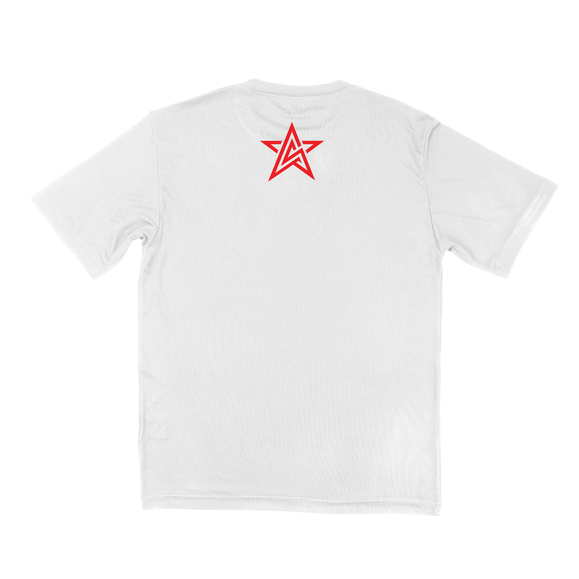 A white short-sleeve t-shirt shown from the back, featuring a red star-shaped logo on the top center.