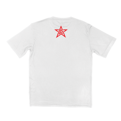 A white short-sleeve t-shirt shown from the back, featuring a red star-shaped logo on the top center.