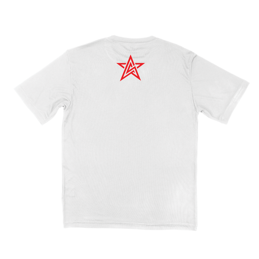 A white short-sleeve t-shirt shown from the back, featuring a red star-shaped logo on the top center.