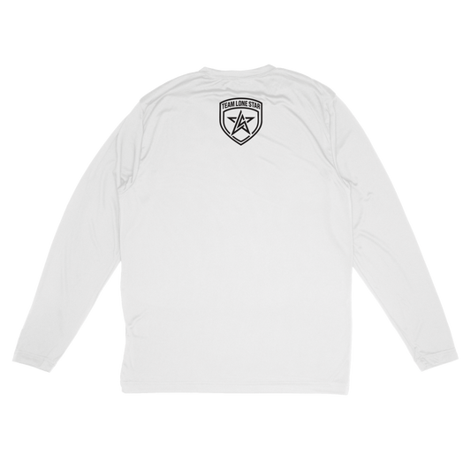 A white long-sleeve performance shirt shown from the back, featuring a black shield logo with a star and the text 'TEAM LOAN STAR' centered on the upper back.