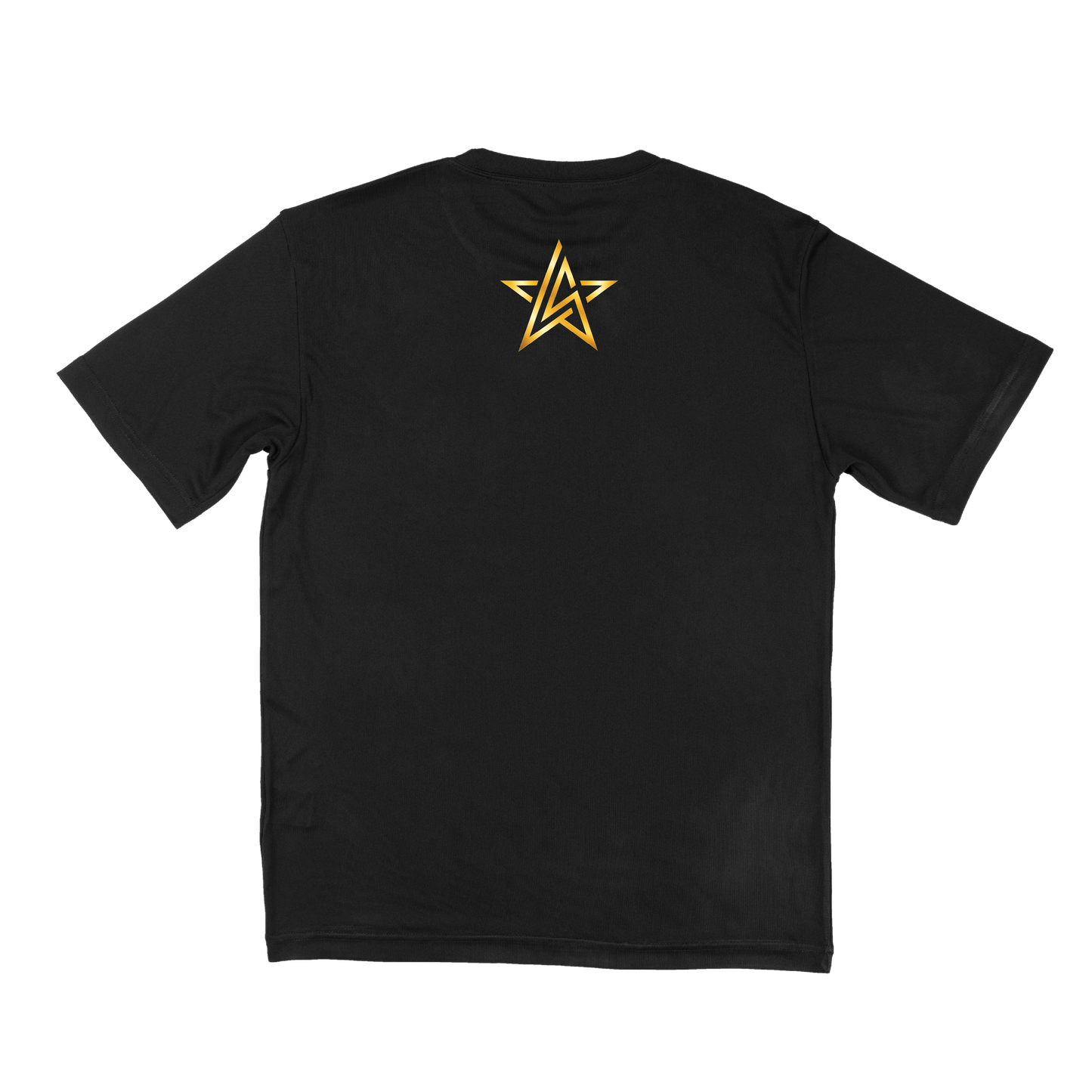 Black tshirt, with small gold star logo on the top center on back side of tshirt.