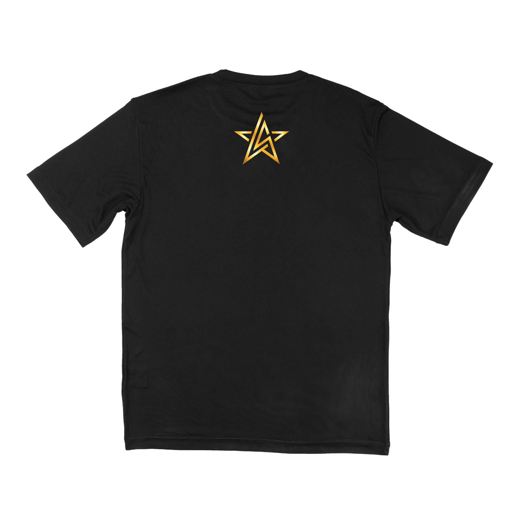 Black tshirt, with small gold star logo on the top center on back side of tshirt.
