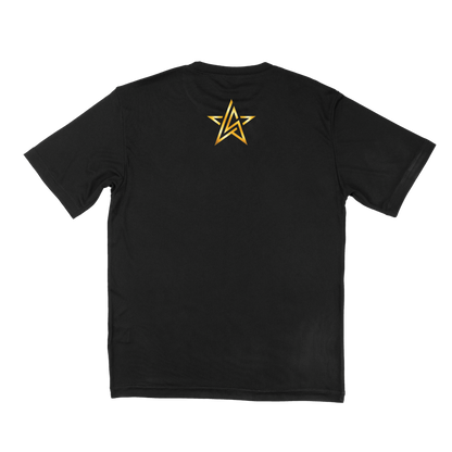 Black tshirt, with small gold star logo on the top center on back side of tshirt.