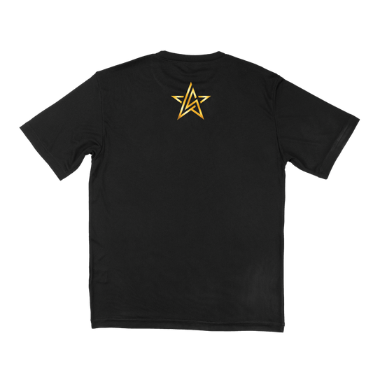 Black tshirt, with small gold star logo on the top center on back side of tshirt.