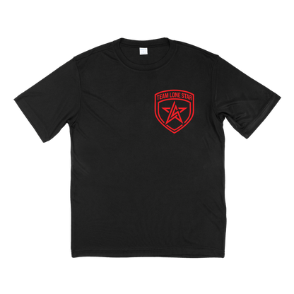 A black short-sleeve crewneck t-shirt with a red shield logo on the left chest containing a star and the text 'TEAM LONE STAR' in red type.