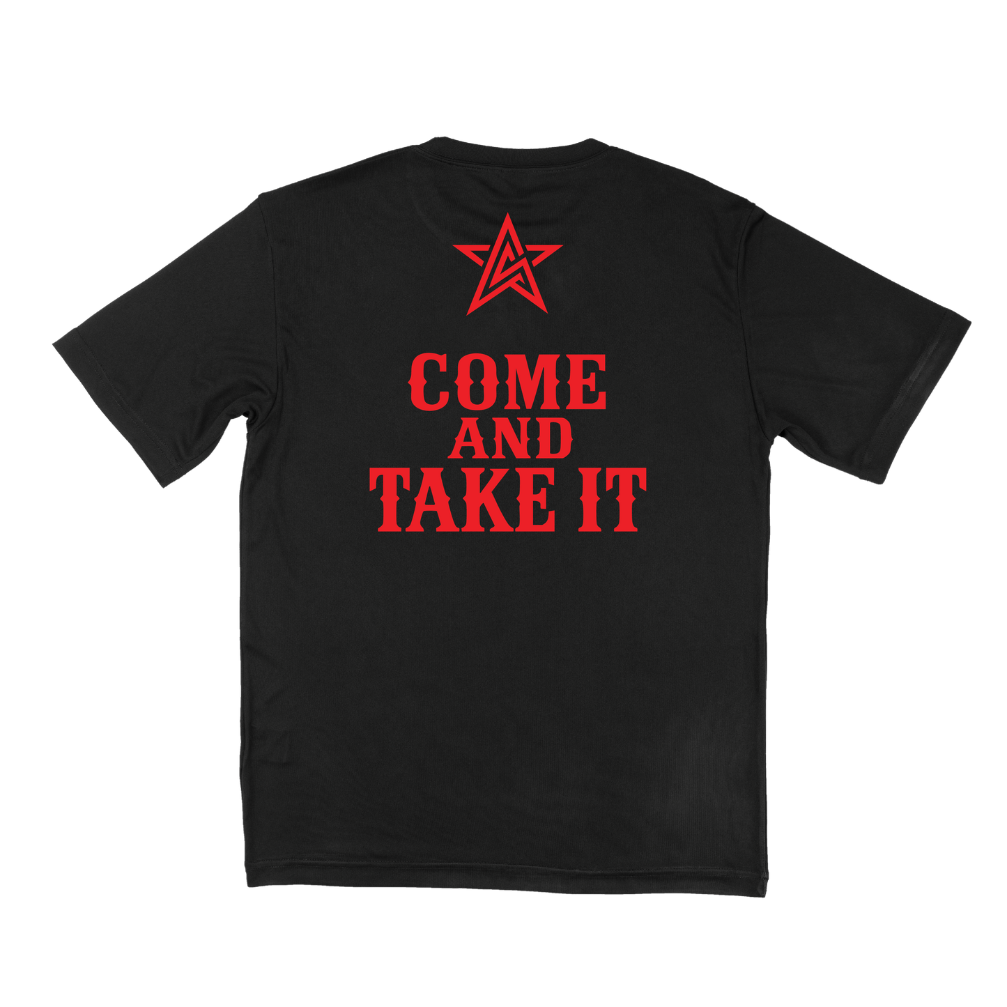 A black short-sleeve t-shirt shown from the back, featuring a red graphic of a star above the text 'COME AND TAKE IT' in red font.