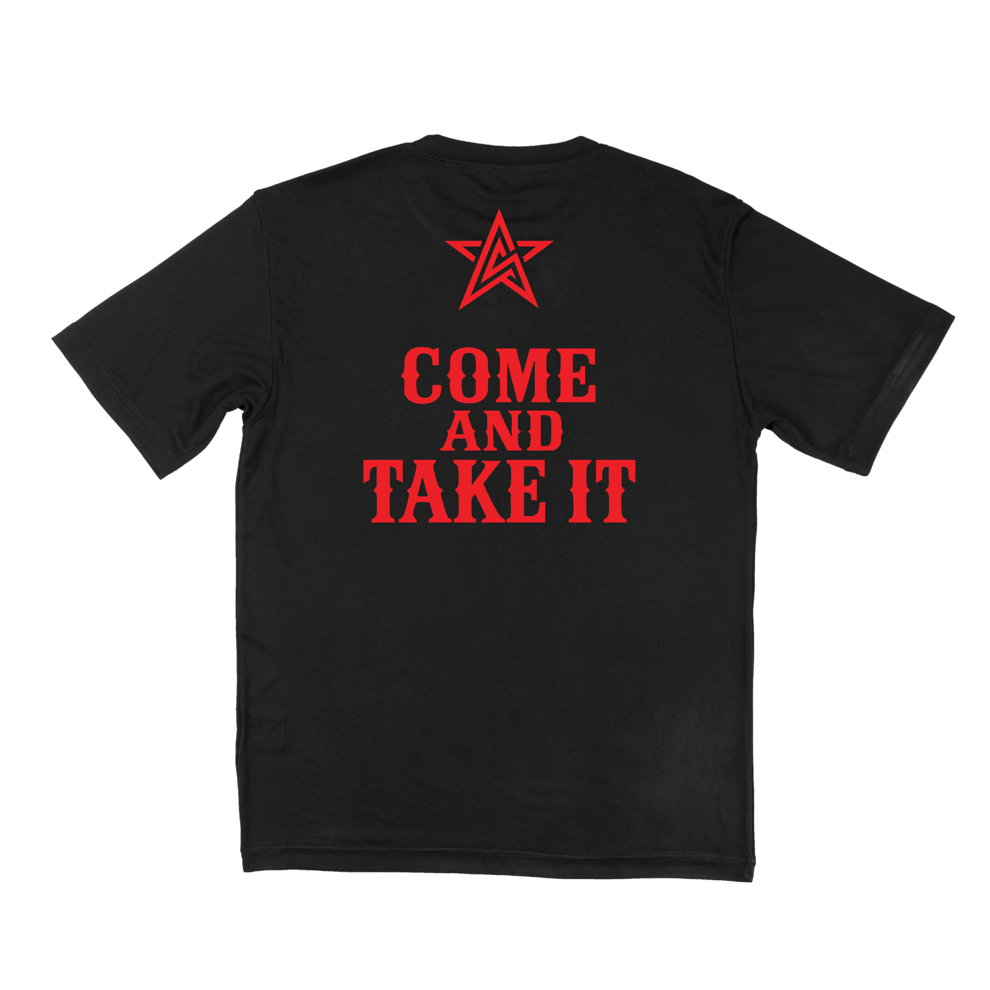A black short-sleeve t-shirt shown from the back, featuring a red graphic of a star above the text 'COME AND TAKE IT' in red font.