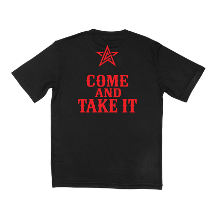 A black short-sleeve t-shirt shown from the back, featuring a red graphic of a star above the text 'COME AND TAKE IT' in red font.