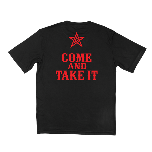 A black short-sleeve t-shirt shown from the back, featuring a red graphic of a star above the text 'COME AND TAKE IT' in red font.